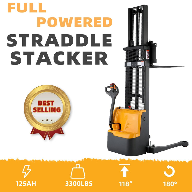 Apollolift Powered Forklift Full Electric Walkie Stacker 3300lbs Cap. Straddle Legs. 118" lifting A-3023 - Backyard Provider